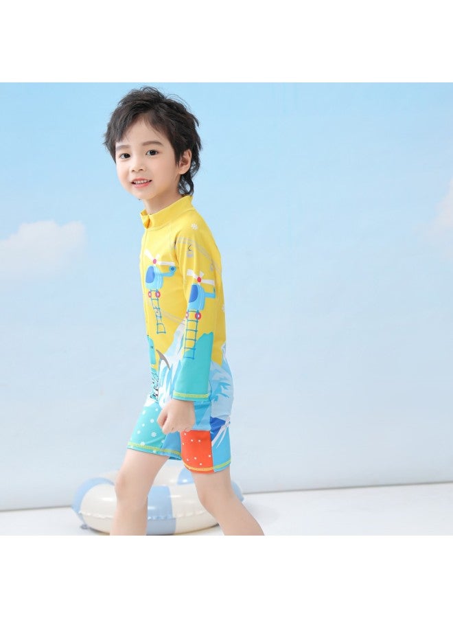 Children's Swimsuit Boy's Cartoon Cute Dinosaur Swimsuit Long-sleeved Anti-sand Surfsuit Swimsuit-Color:D2341-4BW Helmsman- - Image 3